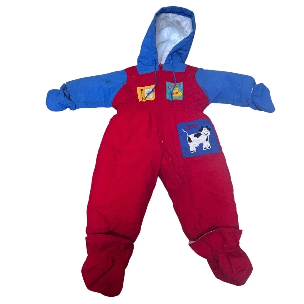 Casual Time Vintage Baby Snowsuit Red Blue Farm Animal Bunting 12 Months Hooded